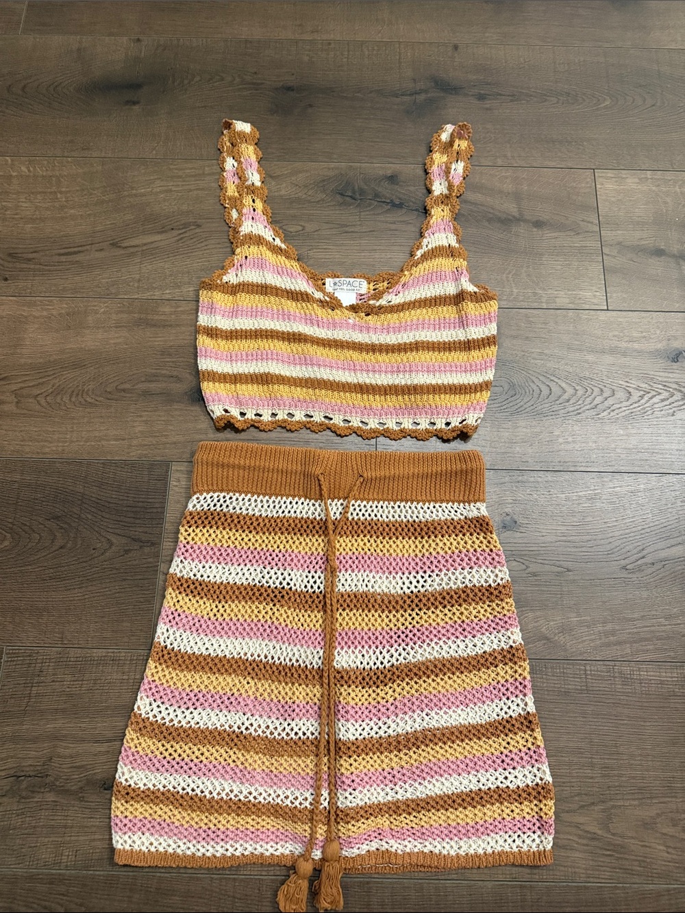 l*space Striped Crochet Two-Piece Coverup Set in Mustard, Pink, Cream - Picture 1 of 1